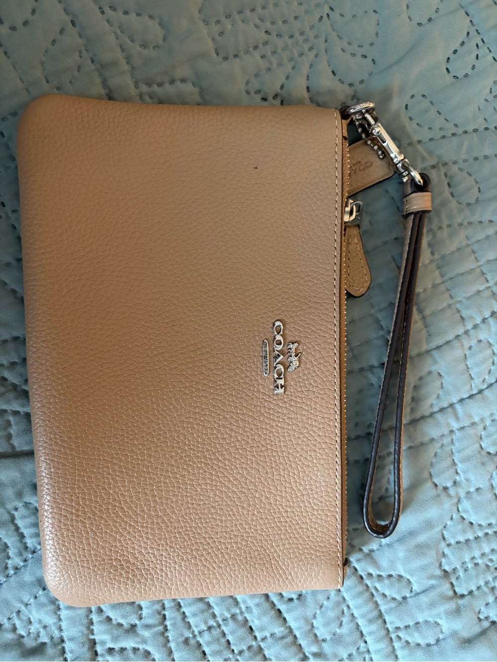 Coach Pebbled Leather Large Wristlet in Taupe